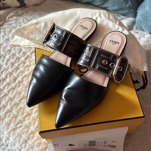 Fendi Black Leather Mules with Silver Buckle Details